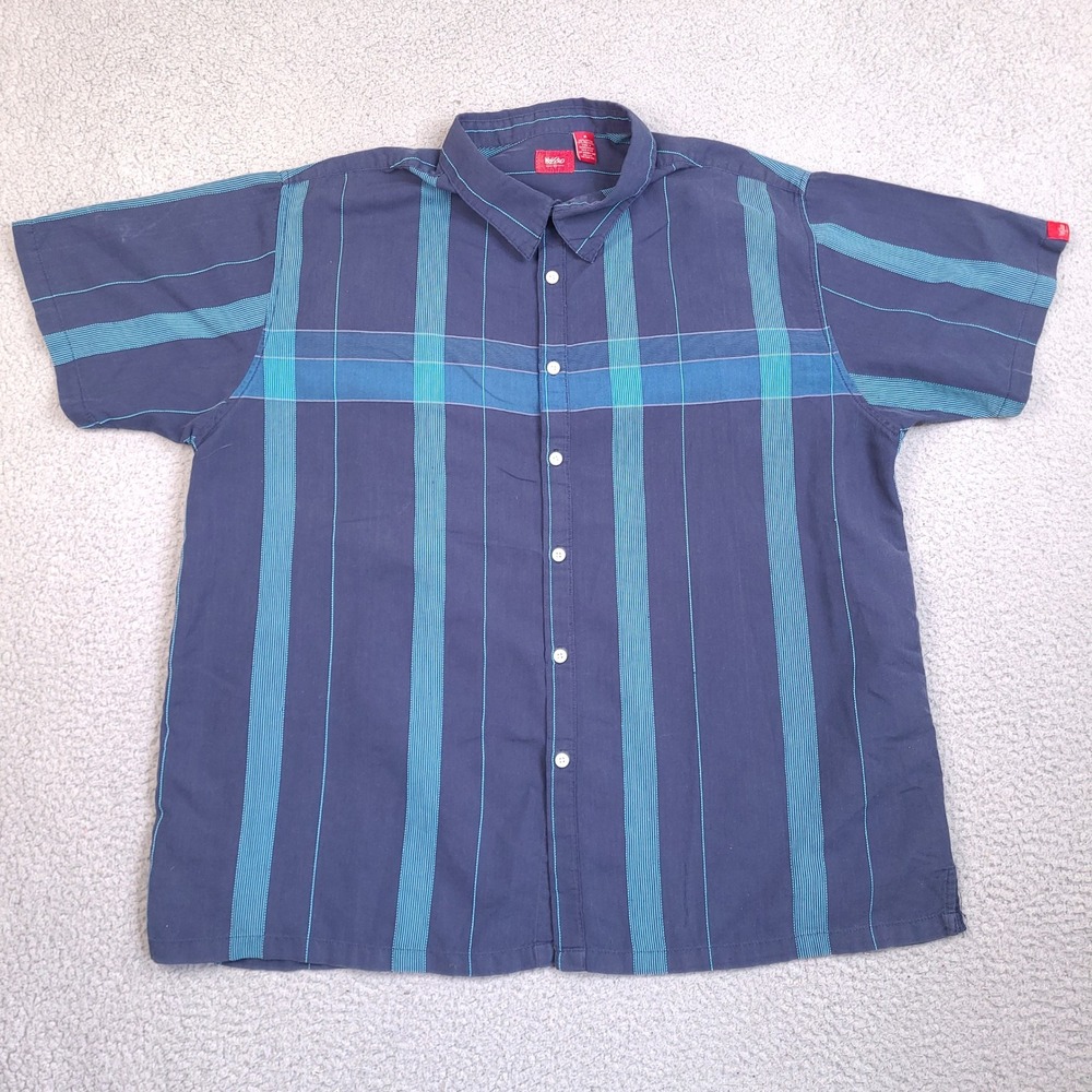 Mossimo Mens XL Short Sleeve Button Up Shirt Navy Blue Teal Striped Grid Casual